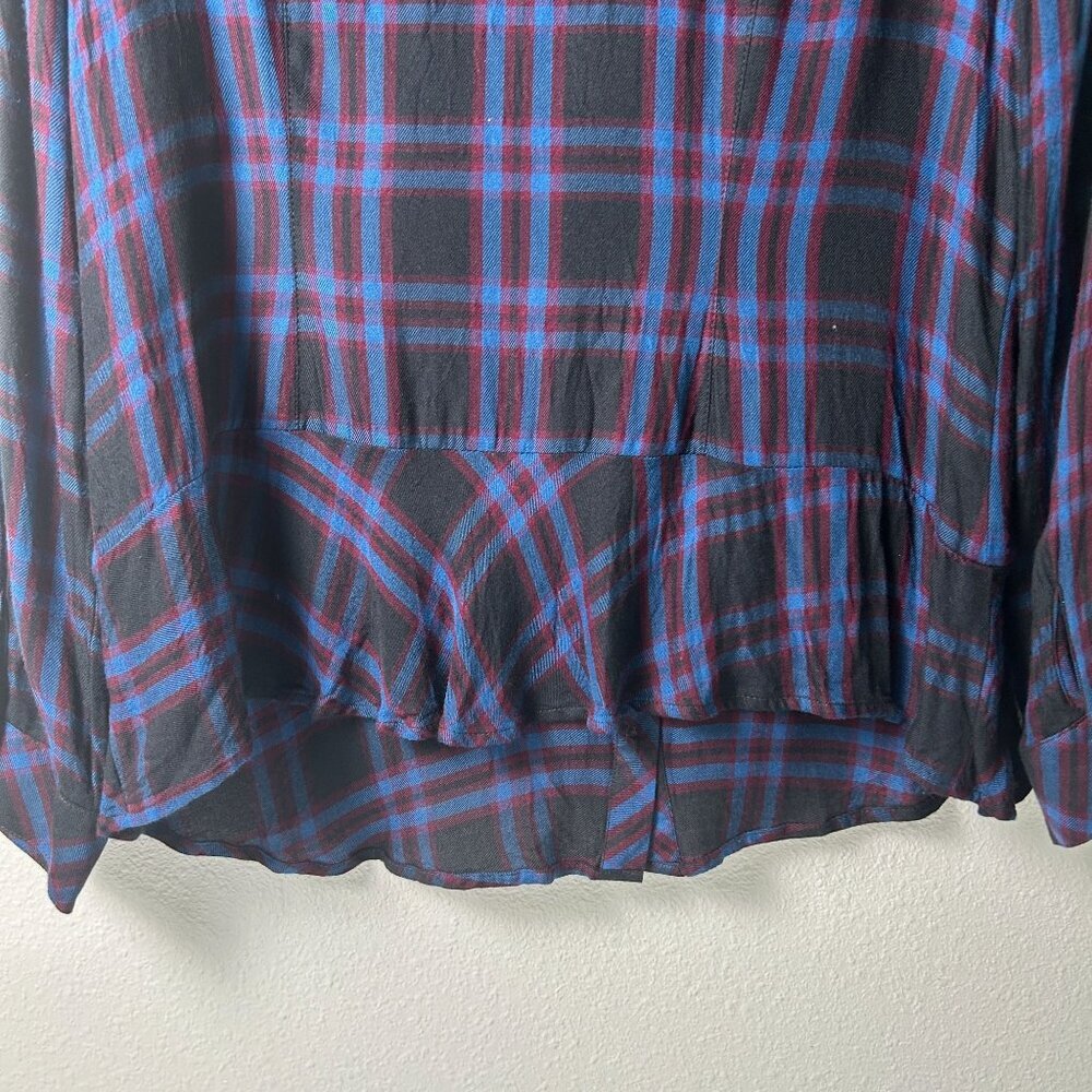 Cabi 3431 Button Up Peplum Top Womens Size L Blue Black Moody Plaid Long Sleeve - Picture 4 of 13